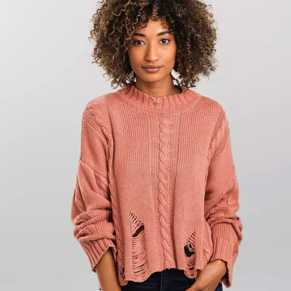 Daytrip (Buckle) Open Weave Mock Neck Distressed Sweater in Brick Dust, sz Small